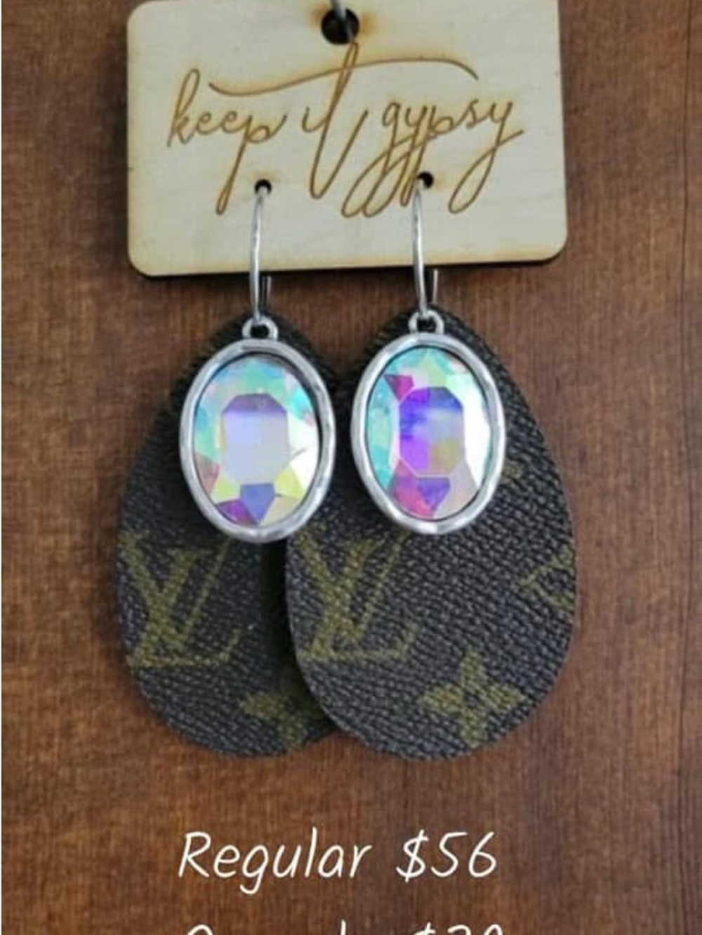 Upcycled LV Iridescent Crystal Teardrop Leather Earrings